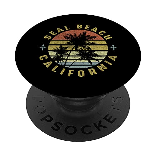 Seal Beach California Retro Palm Sunset - Beach Design PopSockets Swappable PopGrip