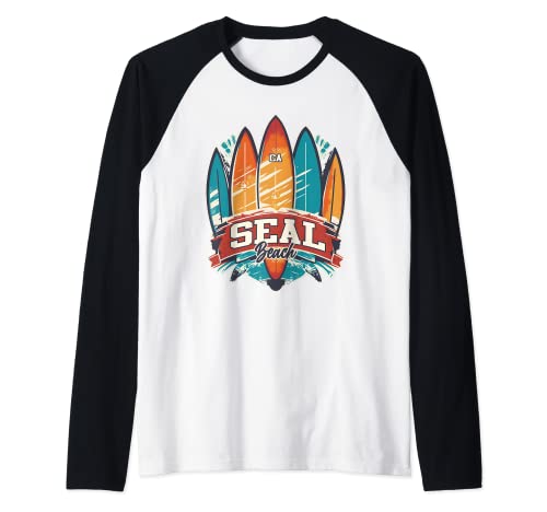 Seal Beach CA Rebel Surf Edgy Surfboard Design Raglan Baseball Tee