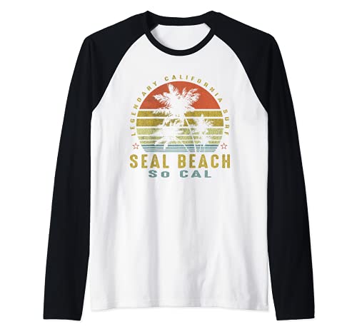 Seal Beach Retro Palm Sunset - Beach Gifts Raglan Baseball Tee