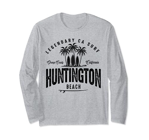 THREE VINTAGE SURFBOARDS AND PALMS - Huntington Beach Long Sleeve T-Shirt