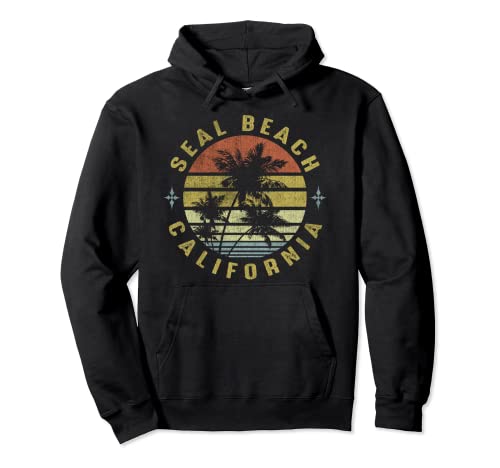 Seal Beach California Retro Palm Sunset - Beach Design Pullover Hoodie