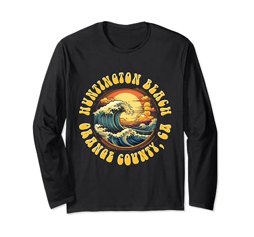 Vintage Huntington Beach Waves Sunset Des - Edgy Retro Long Sleeve T-Shirt