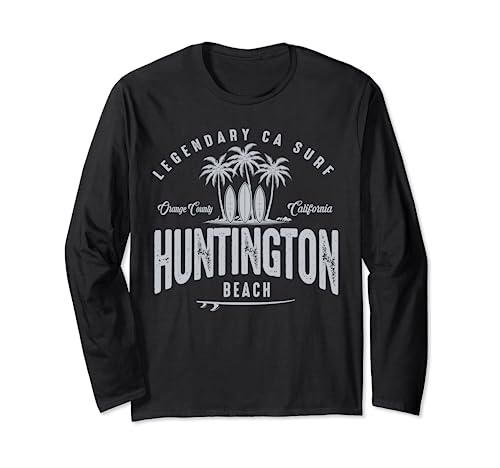 THREE VINTAGE SURFBOARDS AND PALMS - Huntington Beach Long Sleeve T-Shirt
