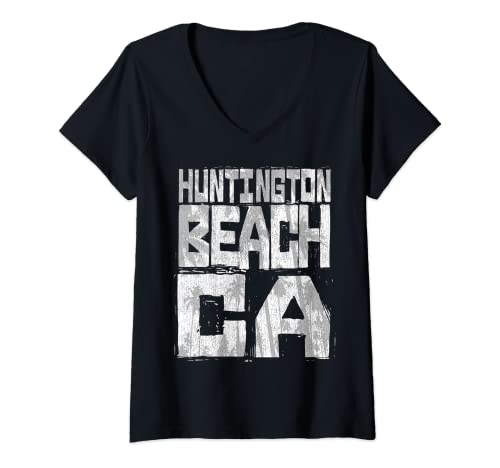 Womens Huntington Beach California Retro Palm Sunset - Beach Design V-Neck T-Shirt