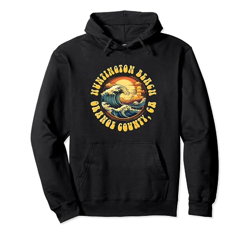 Vintage Huntington Beach Waves Sunset Des - Edgy Retro Pullover Hoodie