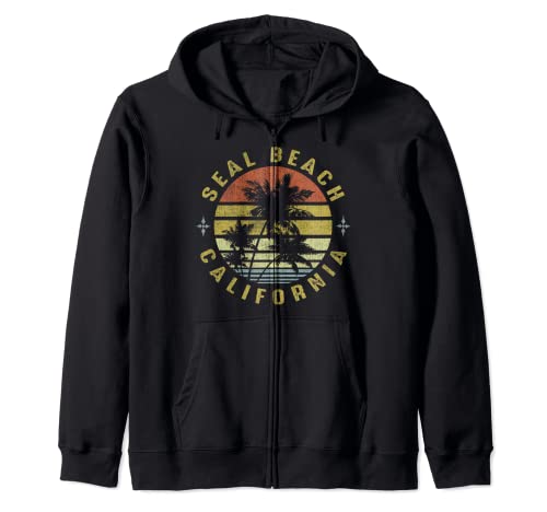 Seal Beach California Retro Palm Sunset - Beach Design Zip Hoodie