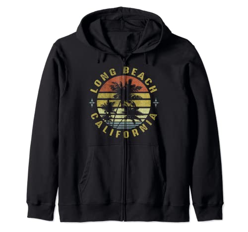 Seal Beach California Retro Palm Sunset - Beach Design Zip Hoodie