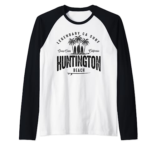 THREE VINTAGE SURFBOARDS AND PALMS - Huntington Beach Raglan Baseball Tee