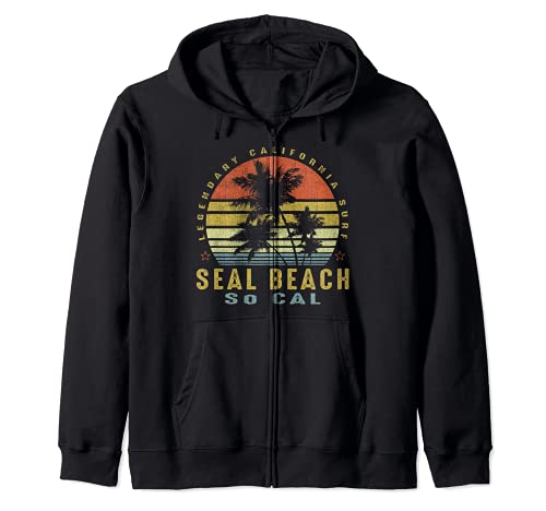 Seal Beach Retro Palm Sunset - Beach Gifts Zip Hoodie