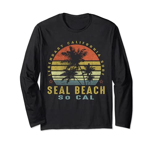 Seal Beach Retro Palm Sunset - Beach Gifts Long Sleeve T-Shirt