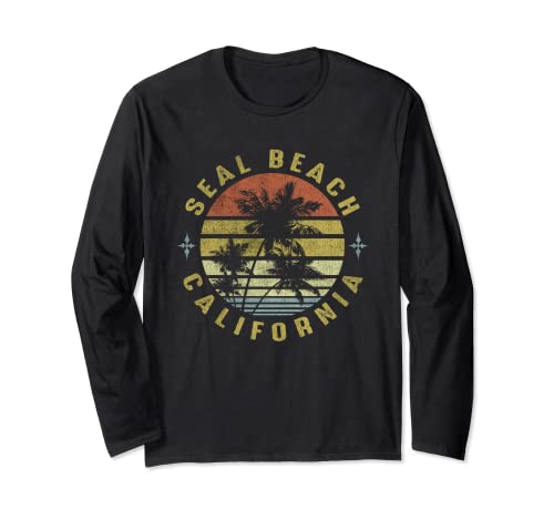 Seal Beach California Retro Palm Sunset - Beach Design Long Sleeve T-Shirt