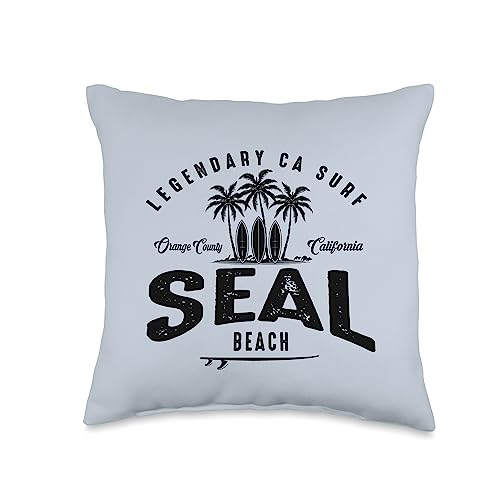 Legendary Surf Locations Three Vintage Surfboards and Palms-Seal Beach Throw Pillow, 16x16, Multicolor
