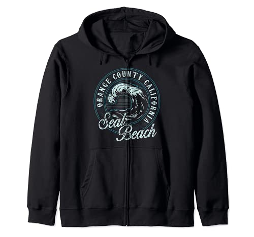 Seal Beach Retro Wave Circle - Beach Gift Zip Hoodie