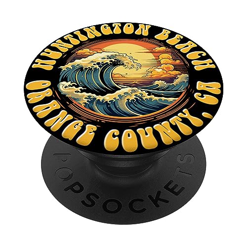 Vintage Huntington Beach Waves Sunset Des - Edgy Retro PopSockets Swappable PopGrip